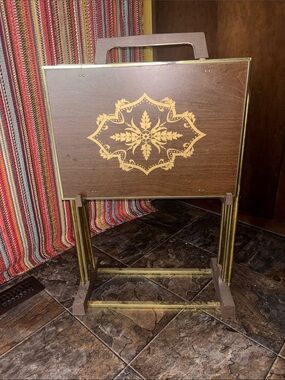 Mid-Century Folding Side Table Set in Woodgrain with Gold Accents
